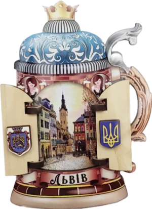 Сувенірний магніт у вигляді пивного бокала з рухомими воротами (Львів)