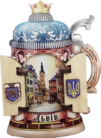 Сувенірний магніт у вигляді пивного бокала з рухомими воротами (Львів)